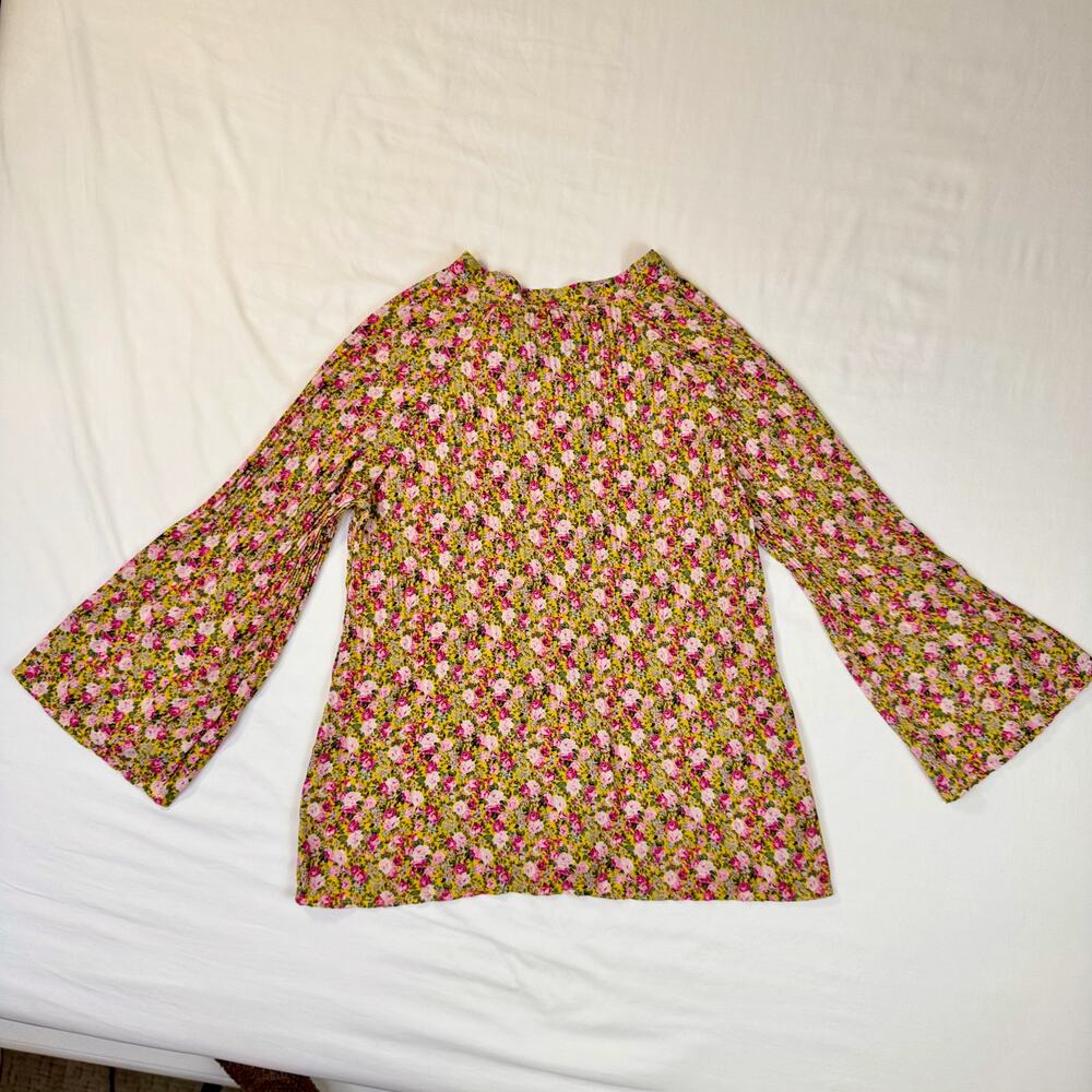 Prae Floral Bell Sleeve Blouse Women's Yellow Pink Boho Cottagecore Prarie - Picture 3 of 12